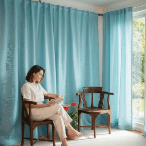 Cortina tramado vinilico oscuridad al 70% colgadas en una habitación