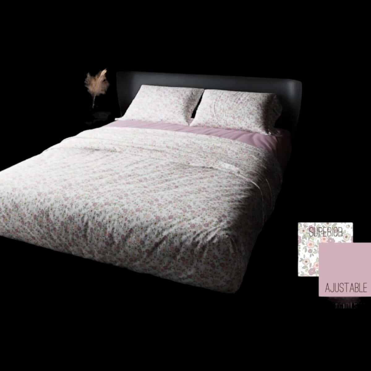 Cama tendida con juego de sabana combinando estampado y liso