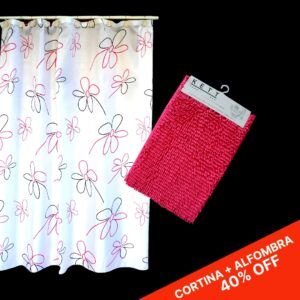 Cortina de baño con Alfombra de baño fucsia