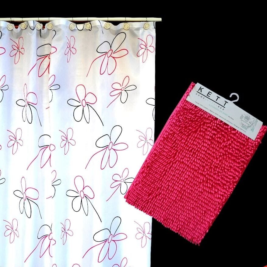 Cortina de baño con Alfombra de baño fucsia