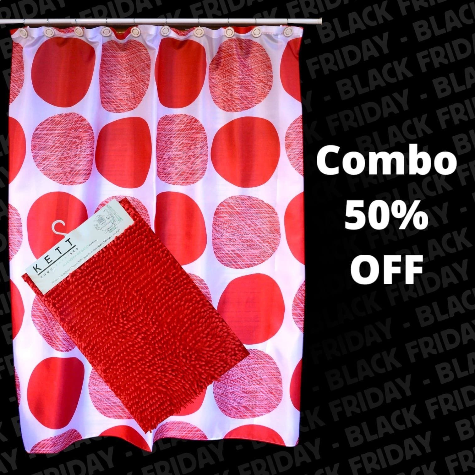 Combo cortina de baño + alfombra de baño rojo al 50%
